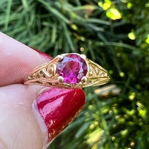 KABANA VINTAGE 14K YELLOW GOLD PINK TOURMALINE RING ORNATE FILIGREE DESIGN